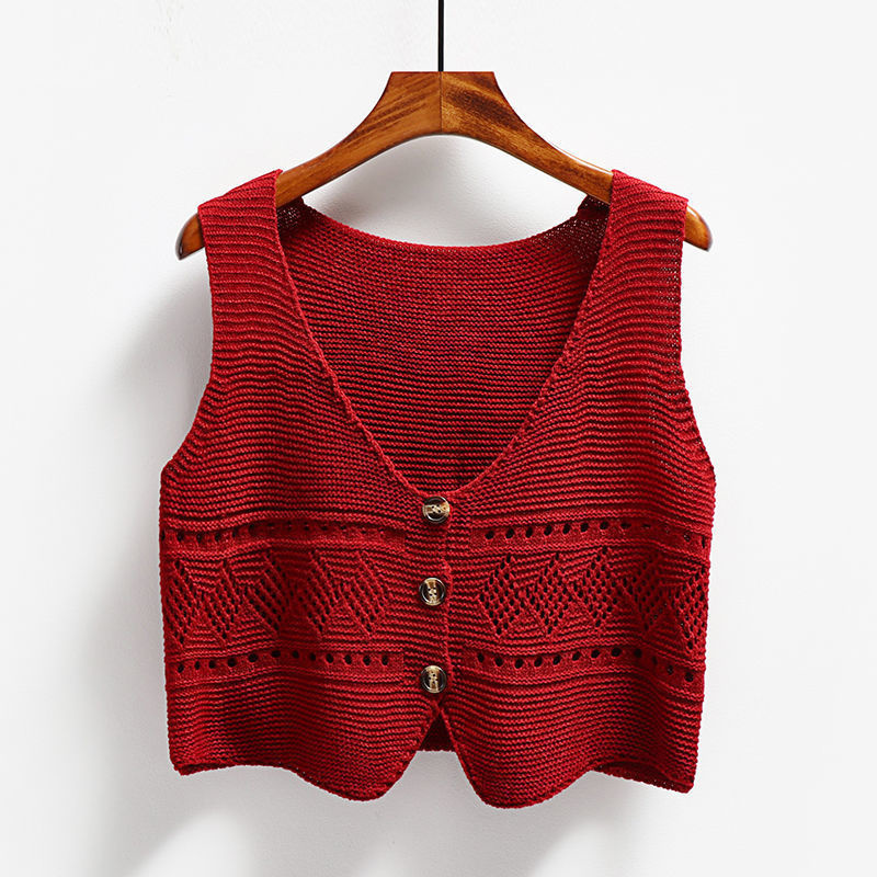 Women's Vests Korean Fashion V Neck Loose Sleeveless Sweater Vest Women Knitted Hollow Out Single Breasted Short Cardigan Female Kniwear 220913