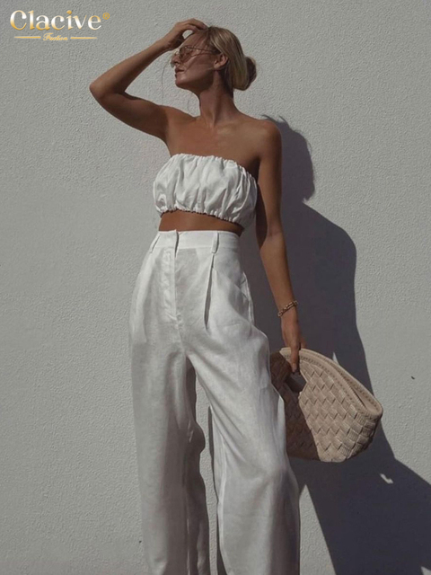 Women's Two Piece Pants Clacive Sexy Tube Top White Two Piece Set Women Summer Slim High Waist Pants Set Female Streetwear Elegant Linen Trouser 
