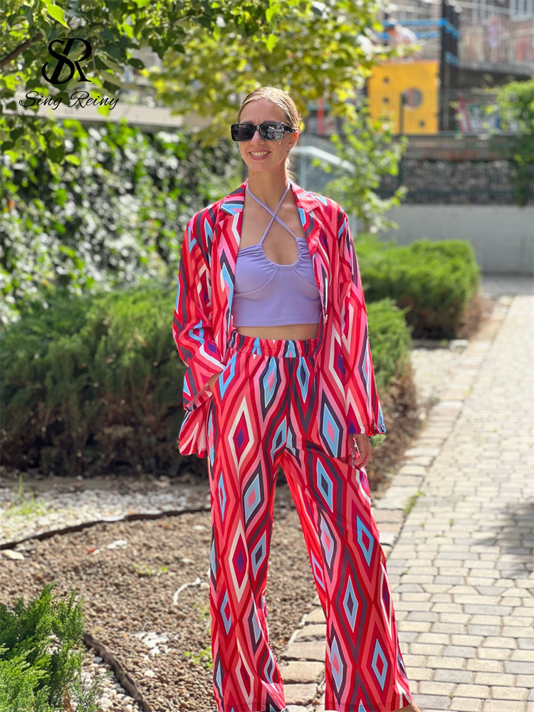 Women's Dia Print Loose Casual Blazer Wide Leg Pants Suit V Neck Long Sleeve Office Lady Two Piece Set Spandex High Waist Red Blue
