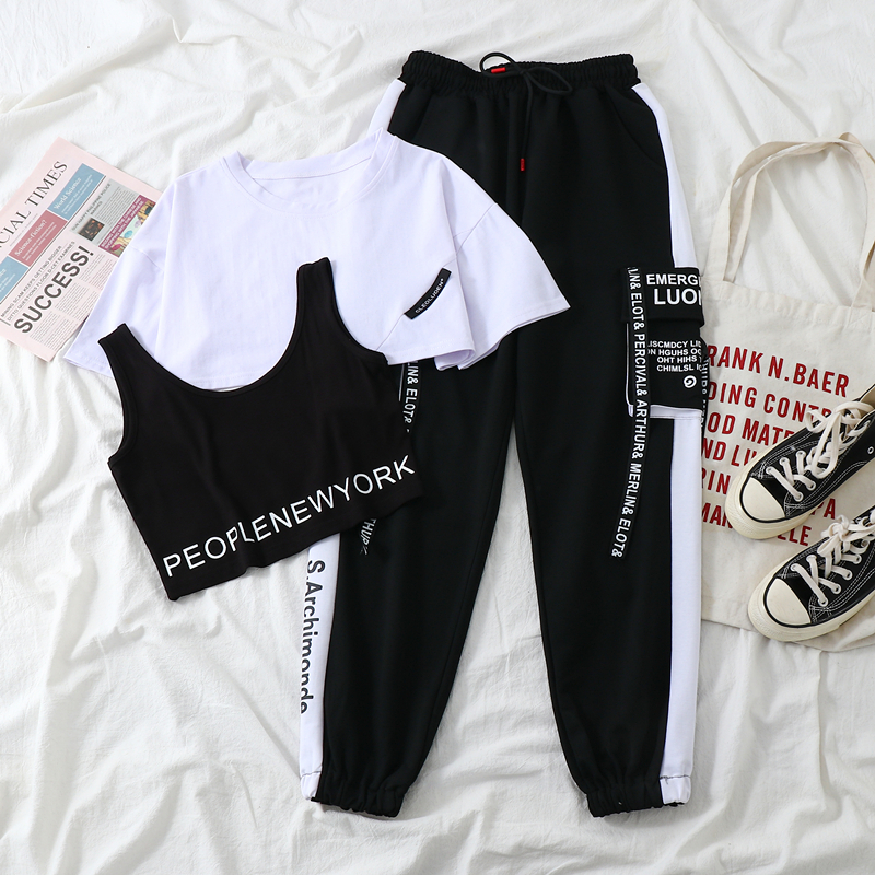 Women's Two Piece Pants 3 Pieces Set Summer Women Cargo Pants Suit Set Streetwear Outfit Harajuku Short Sleeve Trousers Crop Tops Tee Shirt #TZ05