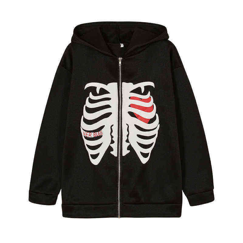Men's Hoodies Sweatshirts Y2K Harajuku Korean Style Loose Skeleton Zip Up Hoodie Goth Grunge Long-Sleeved Hooded Jacket Retro Black Oversized Swe