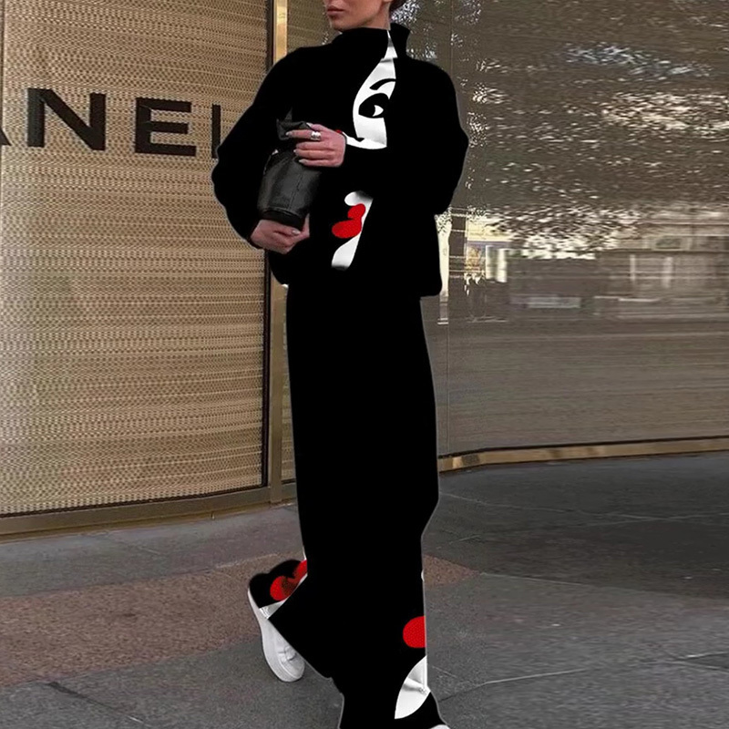 Women's Two Piece Pants Women Casual Long Pants Print Outfits Long Sleeve Tops Loose Elastic Waist Pants Set Female Spring Autumn Trousers Matchi