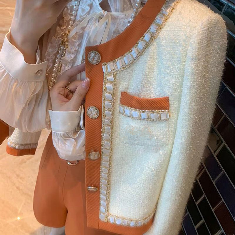 Womens long sleeve tweed jacket shorts 2 pcs pants suit orange color block woolen coat set SMLXL