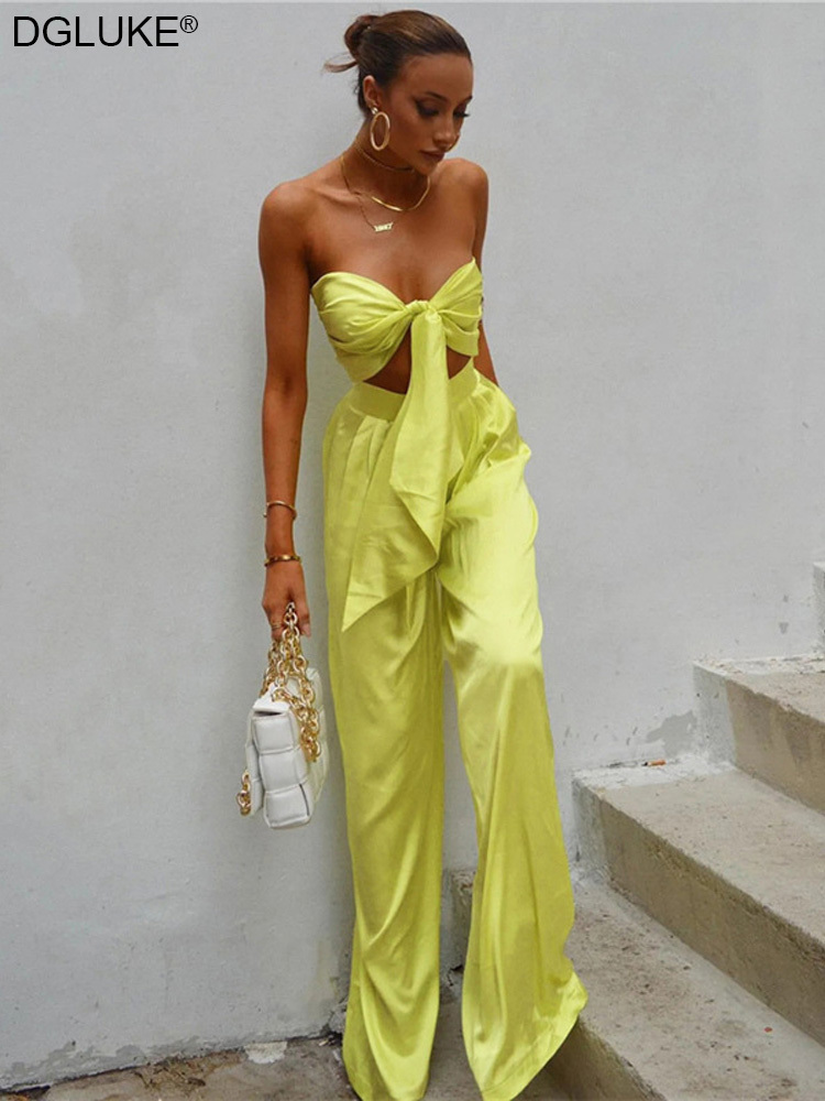 Women's Two Piece Pants Satin Two Piece Pants Set Sexy Outfits For Woman Summer 2 Piece Going Out Club Outfits Crop Top Trouser Suits Purple Pink