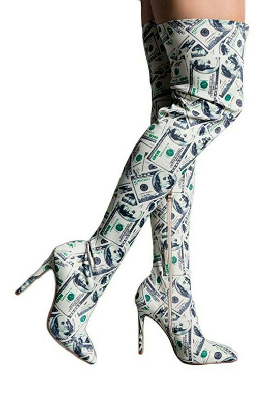 Boots Hundret Dollar Money Print Women Pointed Toe Thigh High Stiletto 220913