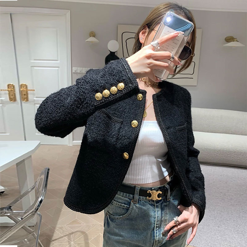 Women's Jackets High Quality Fashion Black Tweed Two Pockets Golden Buttons Elegant Coats Spring Autumn Clothes 220913