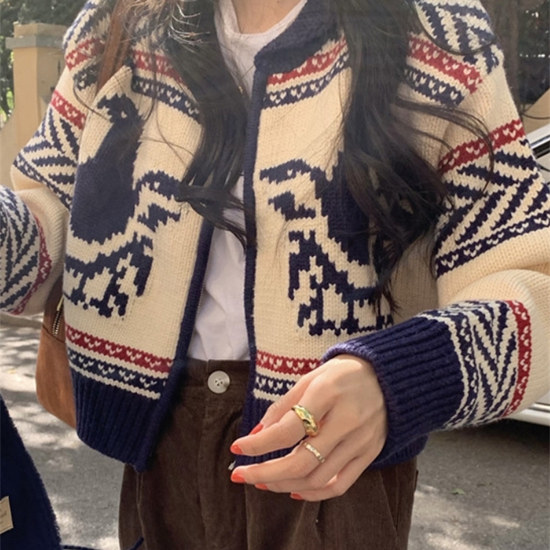 Women's Knits Tees Kimotimo Vintage Jacquard Knitted Cardigan Women Autumn Zipper Long Sleeve Sweater Coat Korean Chic Lazy Fashion Cardigans 220