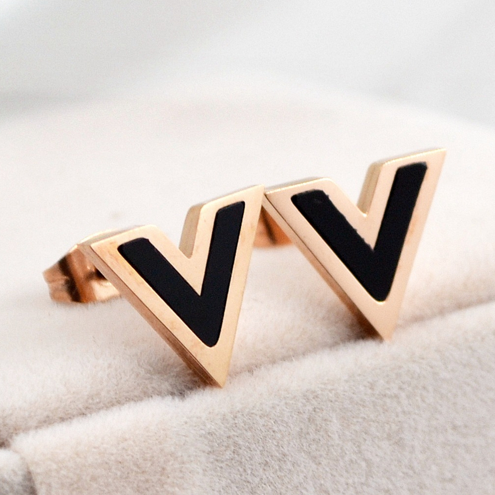 V Letter Studs Earrings for Women Black Rose Gold Fashion Design Titanium Steel Simple Statement Vintage 316L Stainless Steel Jewelry Never Fade Not A