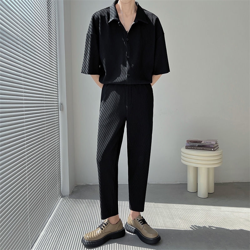 Men's Tracksuits Summer Pleated Sets Men Fashion Black/White Casual Ice Silk Suit Men Korean Short-sleeved Shirt/Trousers Two-piece Mens Set 2209