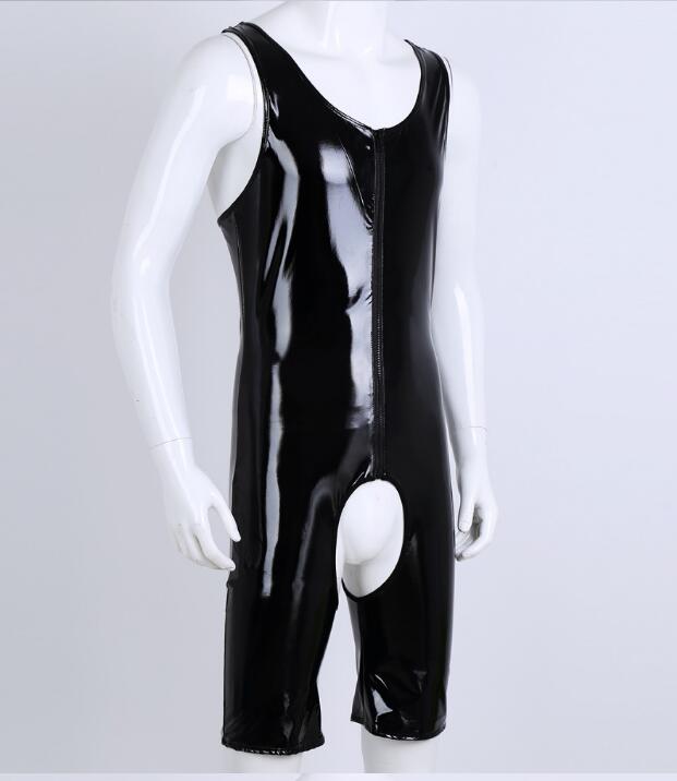 Black Catsuit Costumes Mens Wetlook pvc faux Leather Onepiece Sleeveless Front Zipper Crotchless Singlet Boxer Briefs Leotard Bod7236149