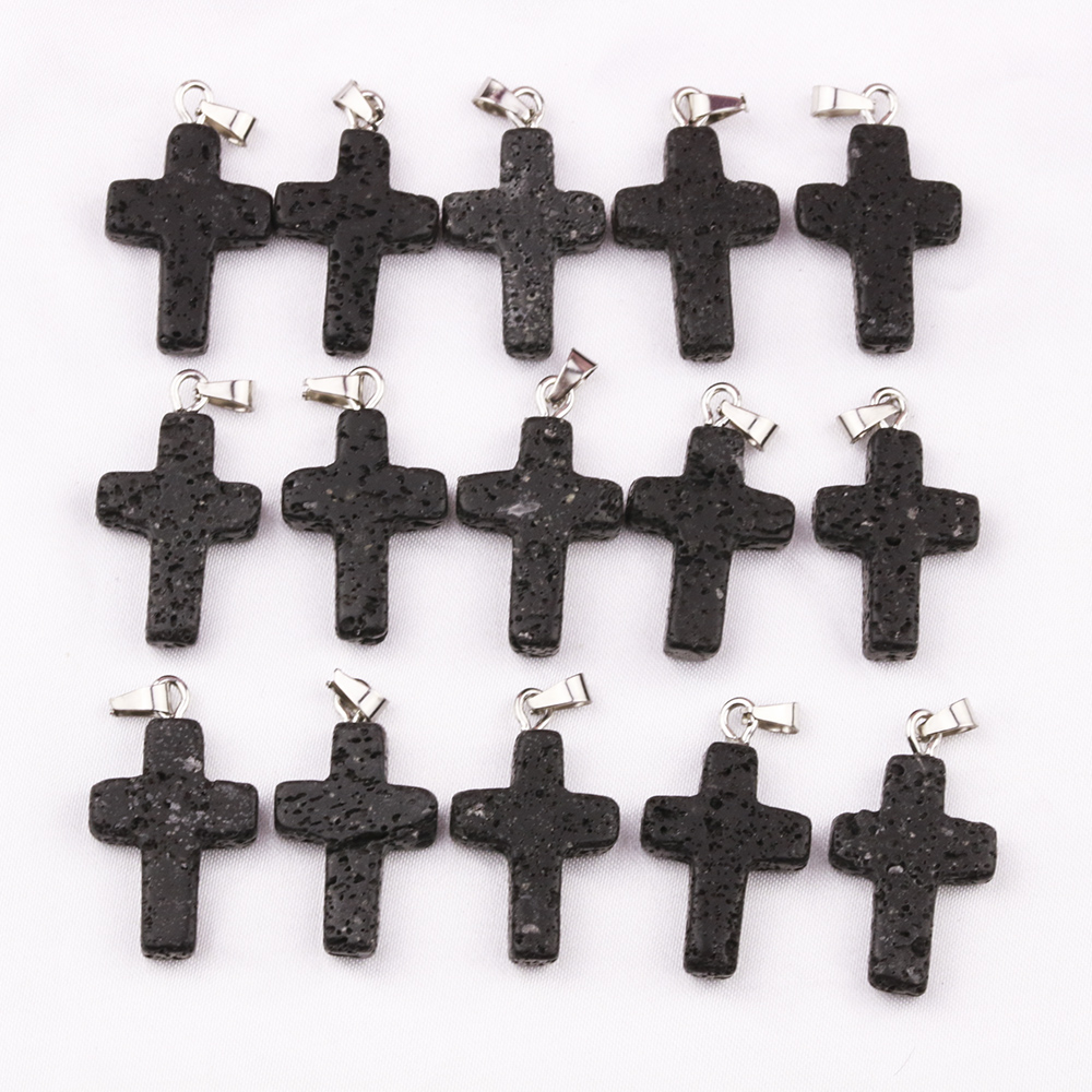 natural Black Lava Stone cross Necklace Aromatherapy Essential Oil Perfume Diffuser Pendant PU Chain Necklace Women men Jewelry
