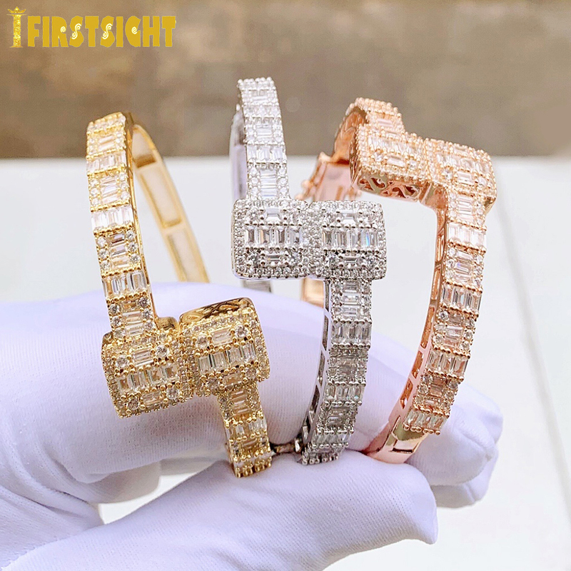 Bangle Iced Out Bling Opened Square Zircon Charm Bracelet Gold Silver Color Baguette CZ Bangle For Men Women Hiphop Jewelry