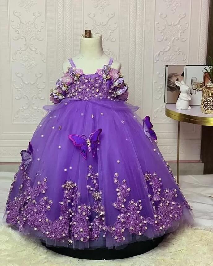 Luxurious lavender lilac Flower Girl Dresses Ball Gown Tulle Lace Pearls Lilttle Kids Birthday Pageant Weddding Gowns