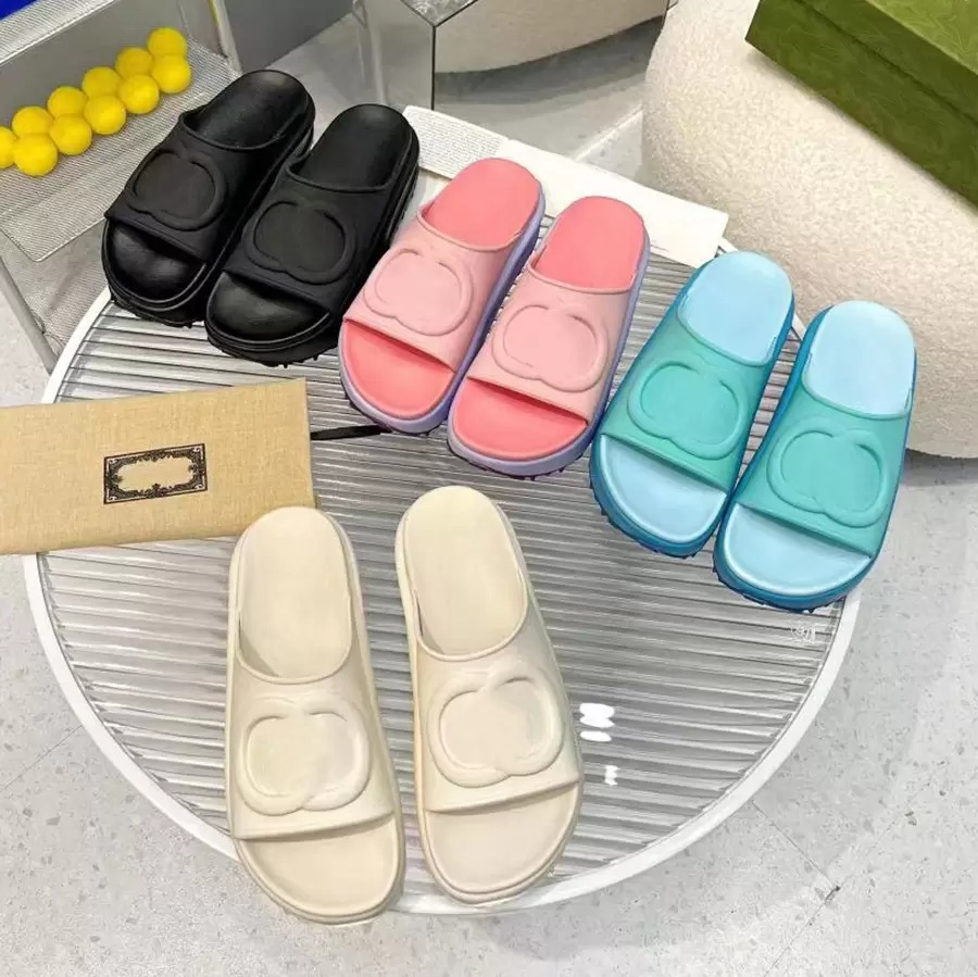 

With box designer slipper Embossed Interlock Platform rubber slide sandals women shoes black pink purple blue ivory runbber luxury sandal beach fiat flops slides, 001