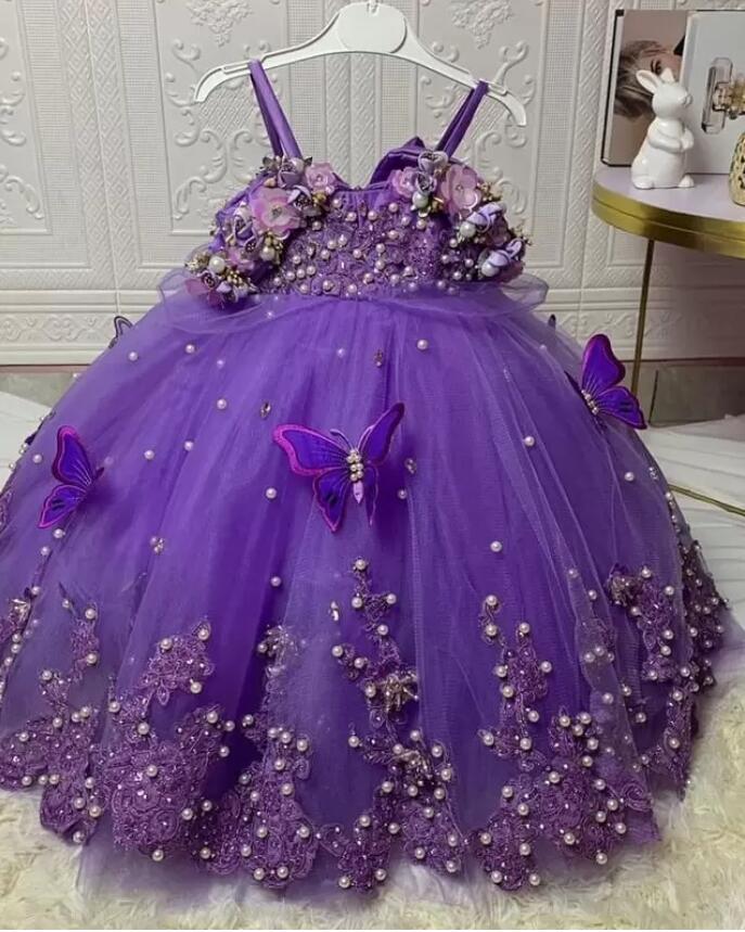Luxurious lavender lilac Flower Girl Dresses Ball Gown Tulle Lace Pearls Lilttle Kids Birthday Pageant Weddding Gowns