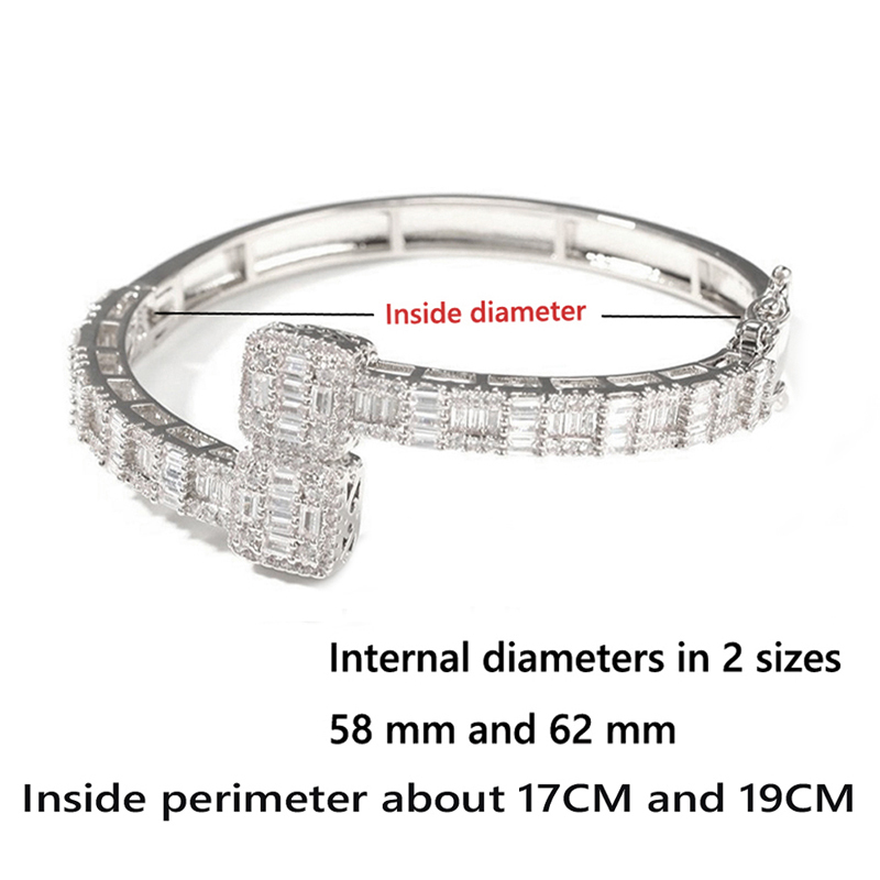 Bangle Iced Out Bling Opened Square Zircon Charm Bracelet Gold Silver Color Baguette CZ Bangle For Men Women Hiphop Jewelry