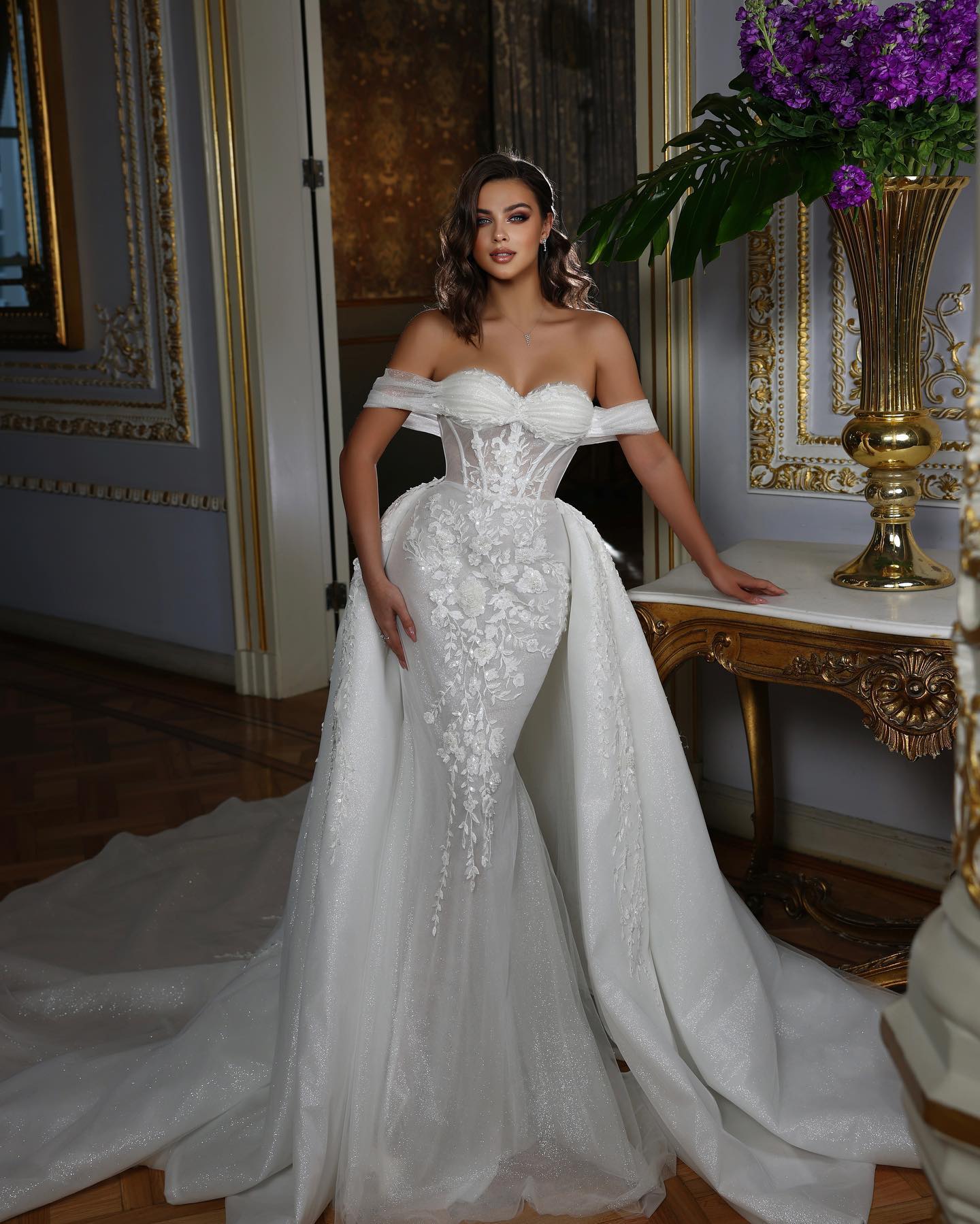 Gorgeous Lace Wedding Dress With Detachable Train Off The Shoulder Sequined Mermaid Saudi Arabia Bridal Gowns robes de mariee