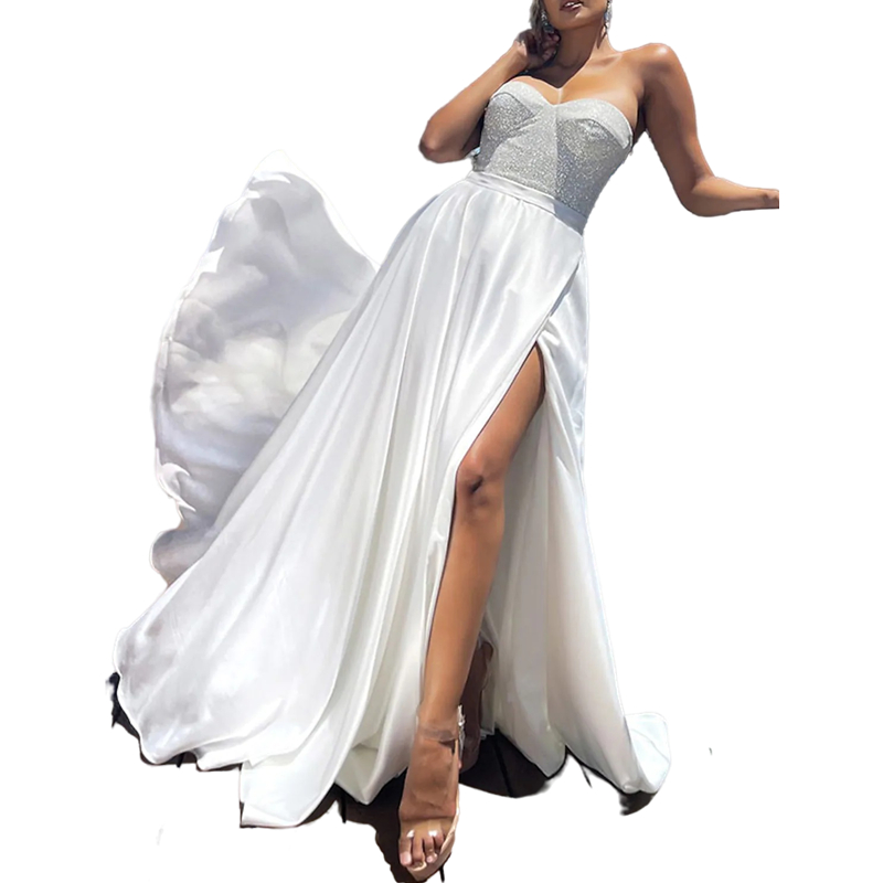 Shiny White Sequined Prom Dresses A Line Simple Satin Formal Evening Gowns Sexy Side High Split Sleeveless Strapless Brush Train Sparkle Party Dress