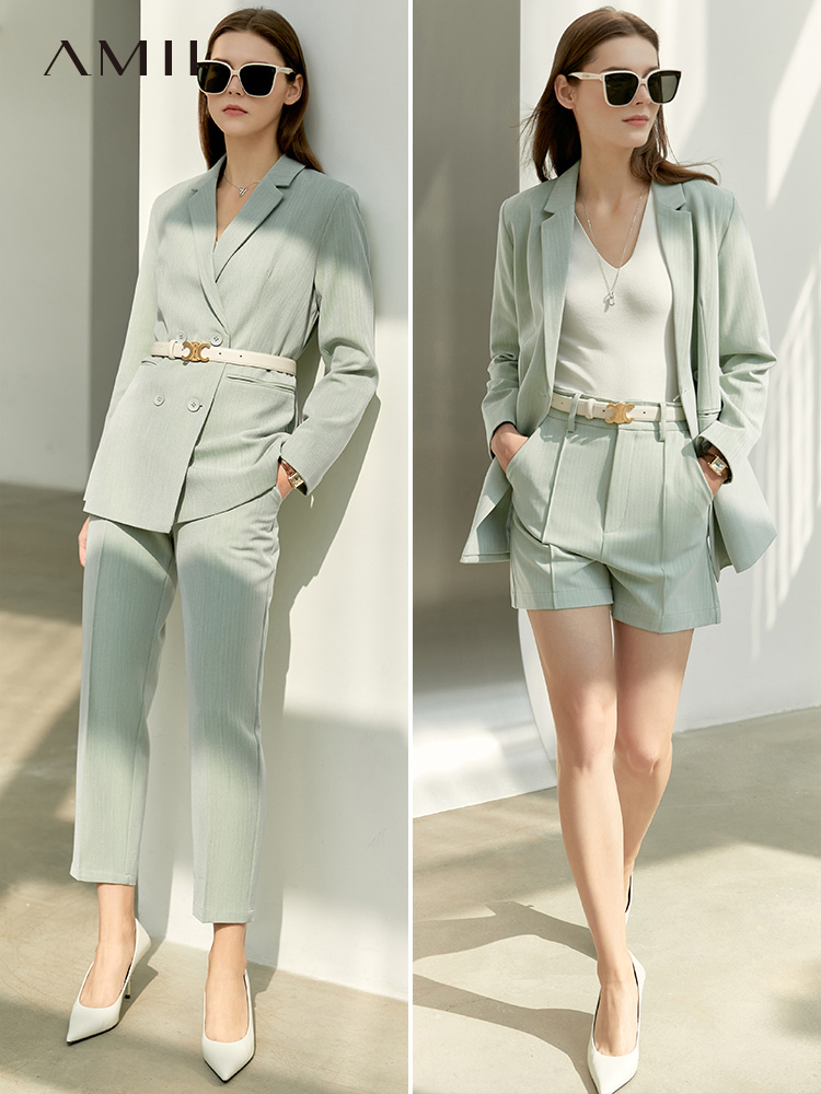 Women's Two Piece Pants Amii Minimalism Spring Suit Office Lady Blazer Women Lace Vneck Tanks High Waist Women Pants Female Shorts 12060909 22091