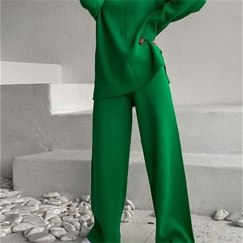 Women's Two Piece Pants Knitted Women's Trousers Suit Two Piece Set Green spring Loose Long Sleeve wide leg Pants Sets Female Casual Suits 2