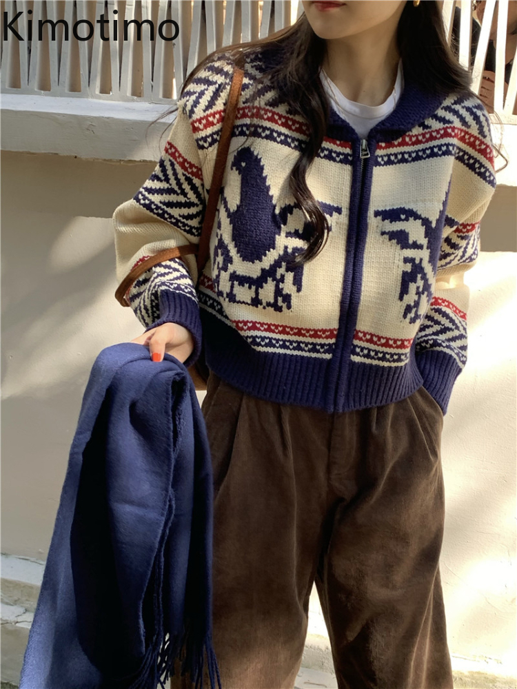 Women's Knits Tees Kimotimo Vintage Jacquard Knitted Cardigan Women Autumn Zipper Long Sleeve Sweater Coat Korean Chic Lazy Fashion Cardigans 220