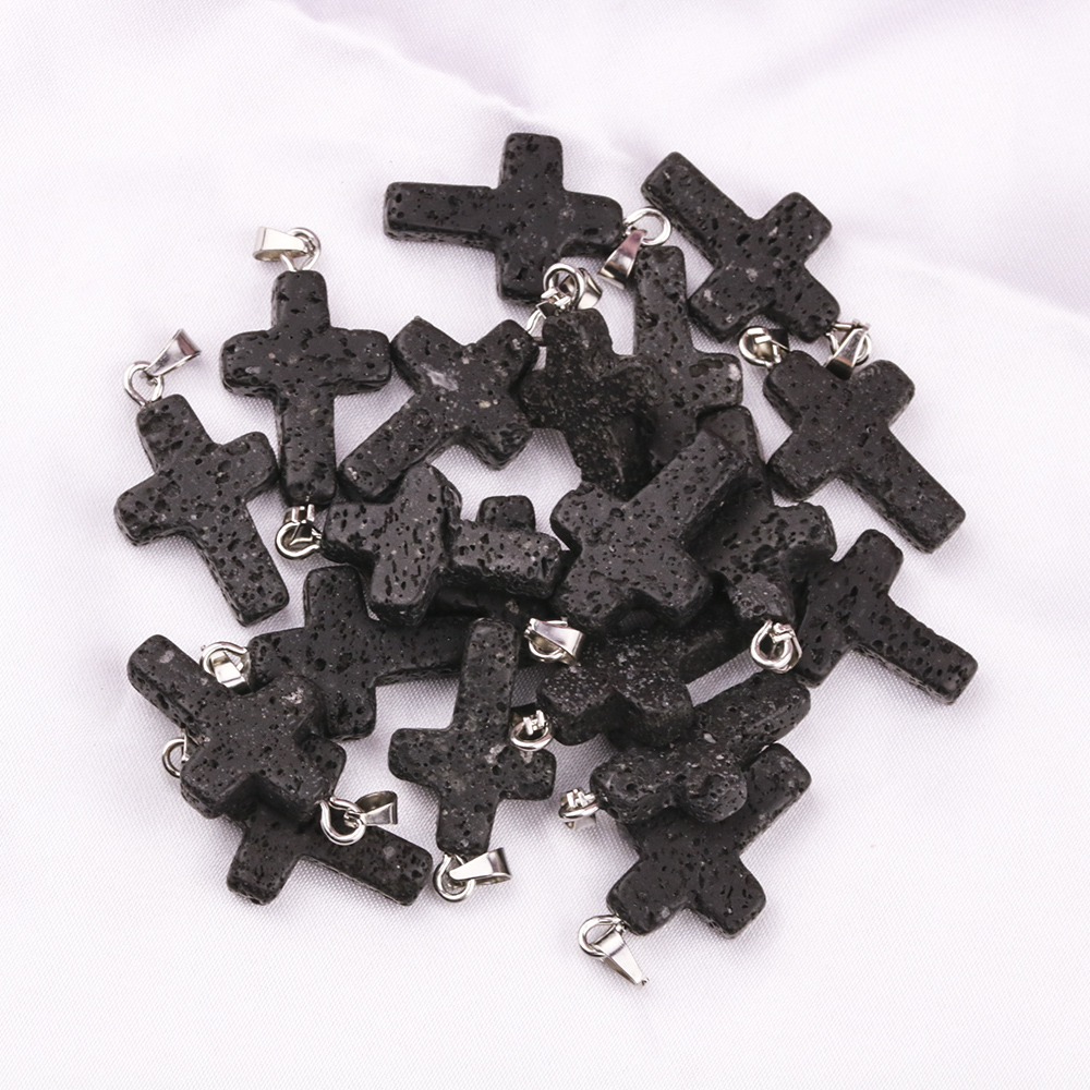 natural Black Lava Stone cross Necklace Aromatherapy Essential Oil Perfume Diffuser Pendant PU Chain Necklace Women men Jewelry