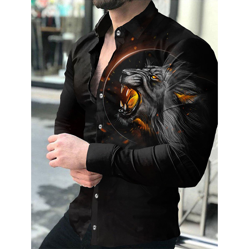Men's Casual Shirts Fashion Social Men Turndown Collar Buttoned Shirt Lion Print Long Sleeve Tops Clothing Prom Cardigan 220913