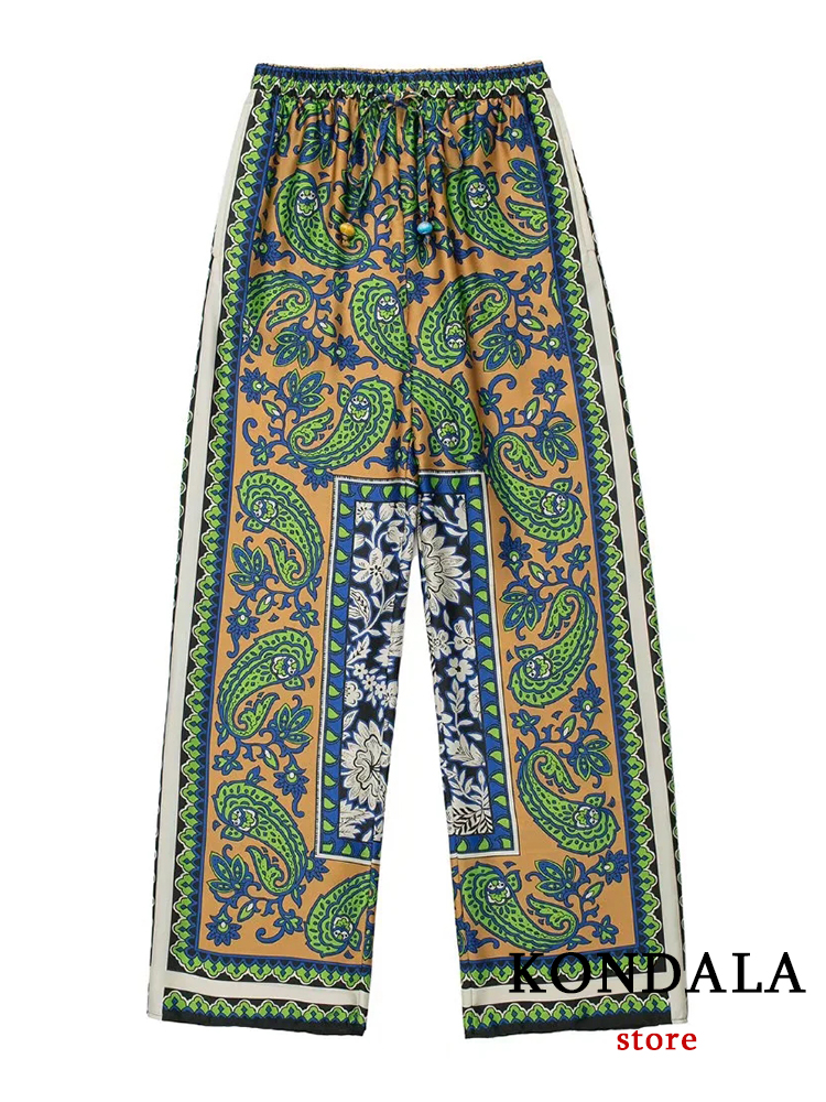 Vintage Green Floral Women Suits Long Sleeve Single Button Loose Shirts Women and High Wasit Wide Leg Pants Boho Sets