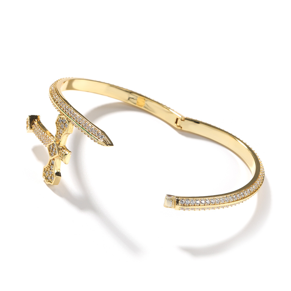 Hip Hop Sword of Justice Large Cross Bangle Bracelet Real Gold Plated Lover Couple Jewelry