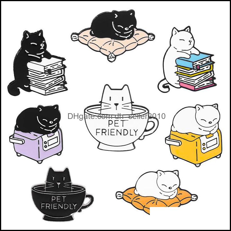 Pins Brooches Woman Colored Lapel Brooches Pins Cartoon Coffee Cat Learning Cats Animal Series Lovely Alloy Enamel Pin And Badges Wh Dhoei