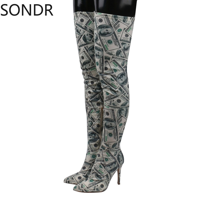 Boots Hundret Dollar Money Print Women Pointed Toe Thigh High Stiletto 220913