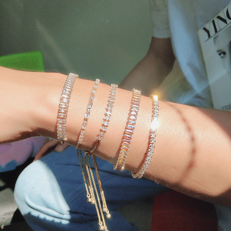 Zircon Tennis Bracelets for Women Shining Gold Single Layer Charm Bracelet Statement Wedding Party Jewelry