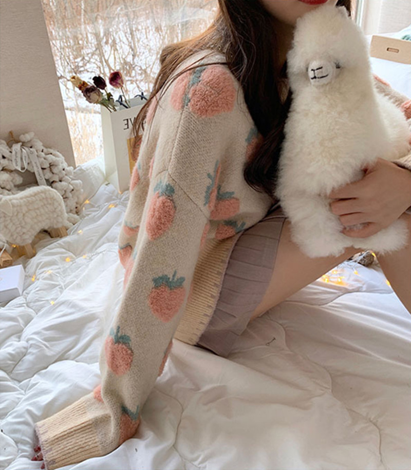 Women's Knits Tees Winter Knitted Sweater Women Strawberry Embroidery Oversized Pullovers Harajuku Casual O-Neck Loose Knitwear Jumper Sueter Muj