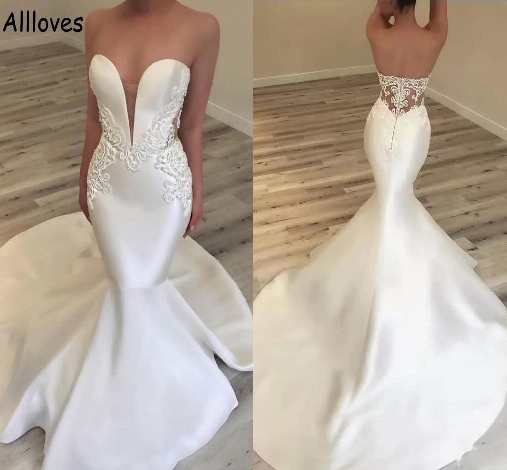 Elegant Ivory Satin Mermaid Wedding Dresses For Brides Lace Appliqued Sweetheart Sexy Open Back Vintage Bridal Gowns Court Train Simple Robes de Mariee CL1128
Elegant Ivory Satin Mermaid Wedding Dresses For Brides Lace Appliqued Sweetheart Sexy Open Back Vintage Bridal Gowns Court Train Simple Robes de Mariee CL1128