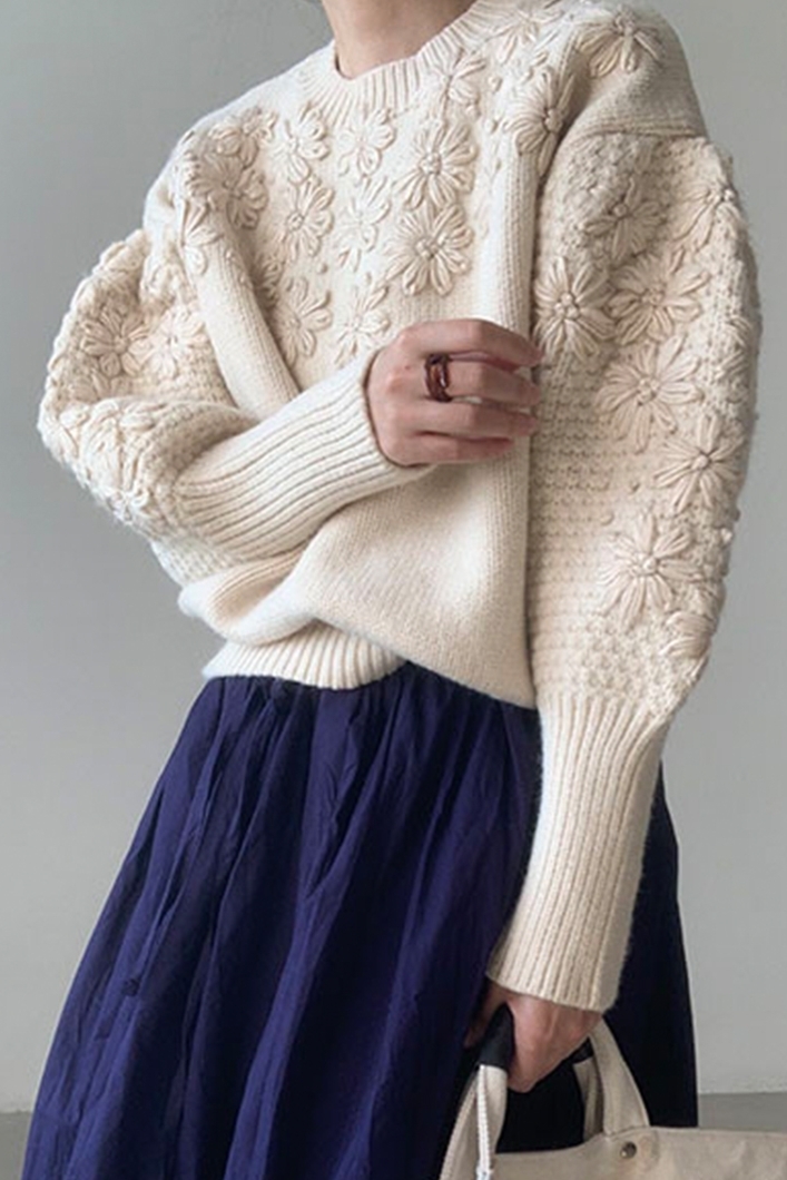 Women's Knits Tees Korobov Korean O Neck Long Sleeve Women Pullovers Sweaters Japanese Sweet Flower Knitted Sueter Mujer Vintage Oversize Sweater