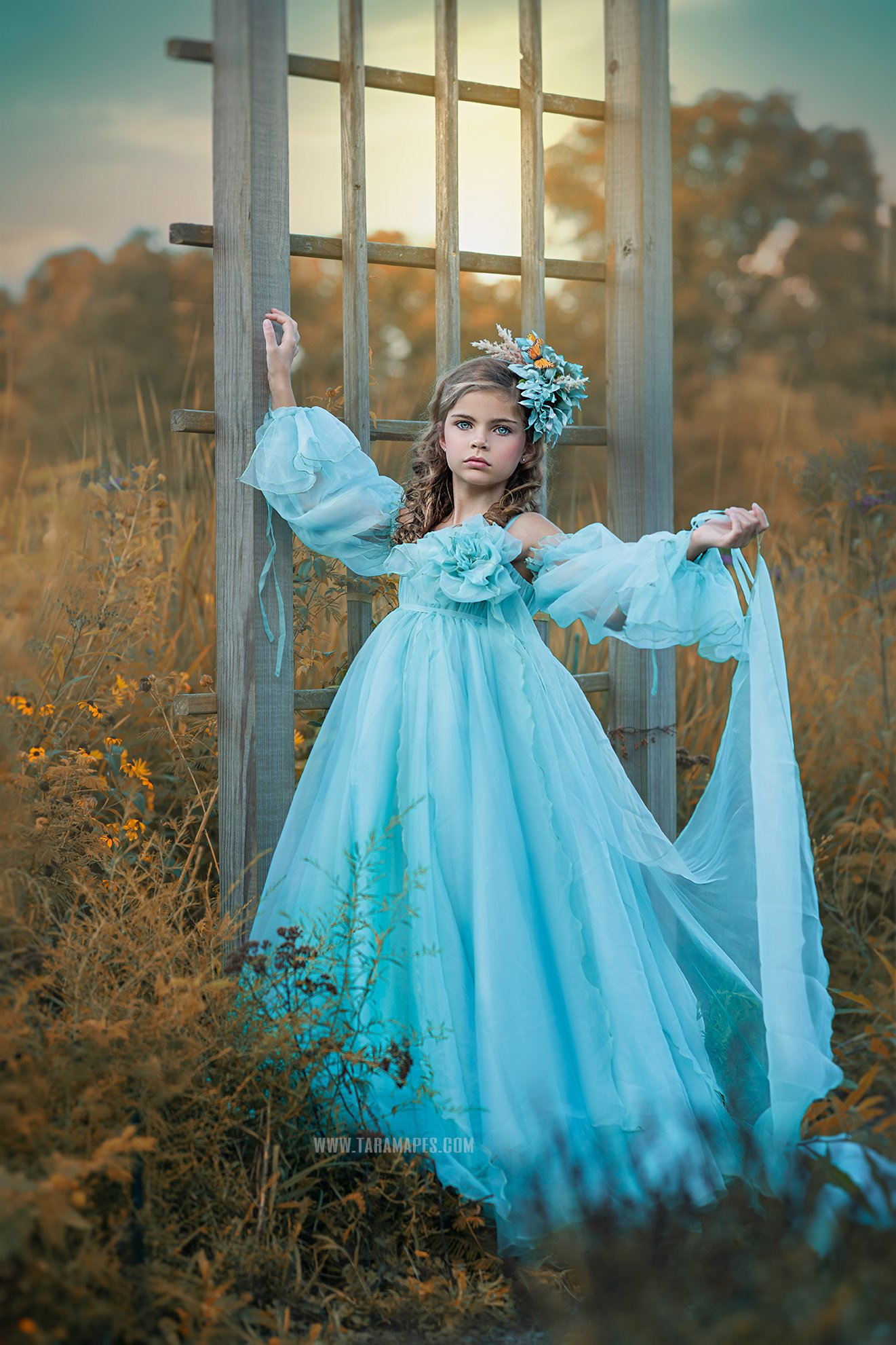 Light Sky Blue Boho Flower Girl Dresses Floral Kids Birthday Pageant Gowns For Photoshoot Tulle First Communion Dress