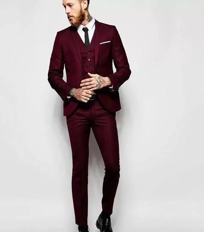 Handsome Burgundy Wedding Tuxedos Slim Fit Suits For Men Groomsmen Suit Three Pieces Prom Formal Suits Jacket Pants Vest