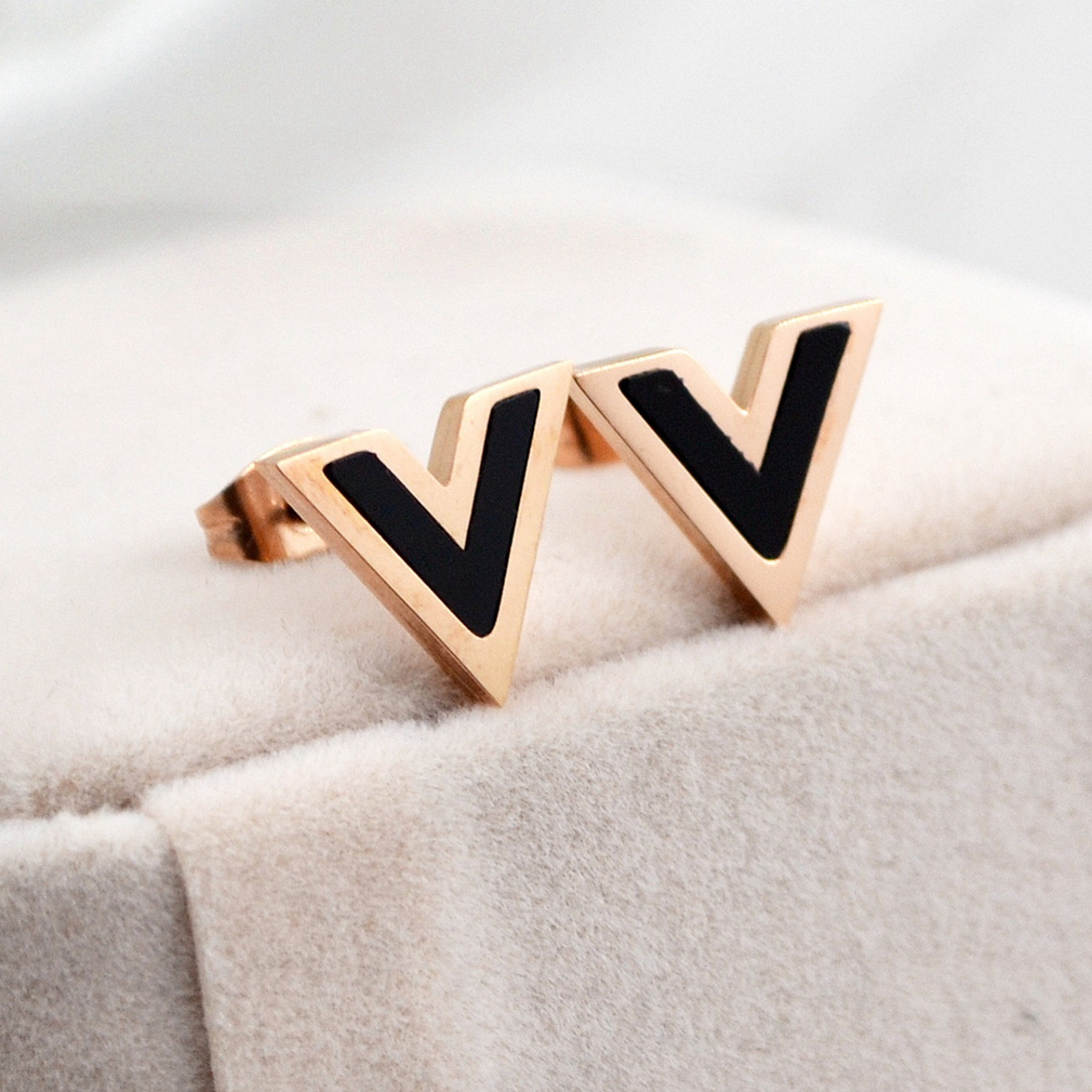V Letter Studs Earrings for Women Black Rose Gold Fashion Design Titanium Steel Simple Statement Vintage 316L Stainless Steel Jewelry Never Fade Not A