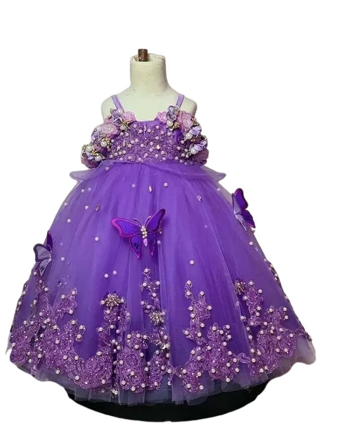 Luxurious lavender lilac Flower Girl Dresses Ball Gown Tulle Lace Pearls Lilttle Kids Birthday Pageant Weddding Gowns