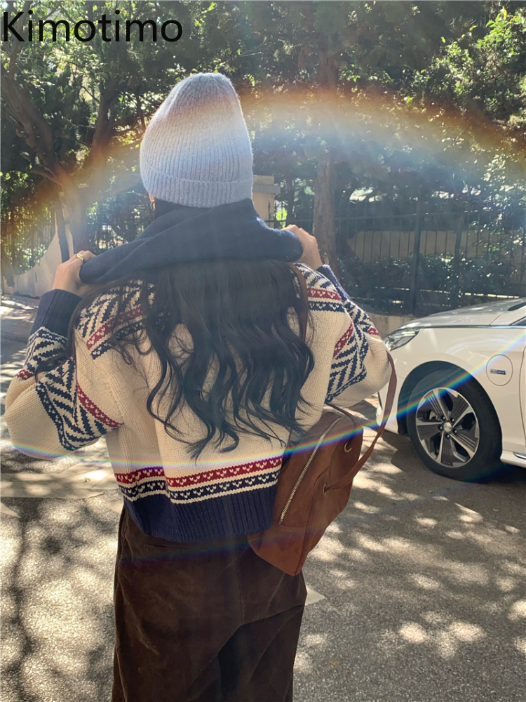 Women's Knits Tees Kimotimo Vintage Jacquard Knitted Cardigan Women Autumn Zipper Long Sleeve Sweater Coat Korean Chic Lazy Fashion Cardigans 220