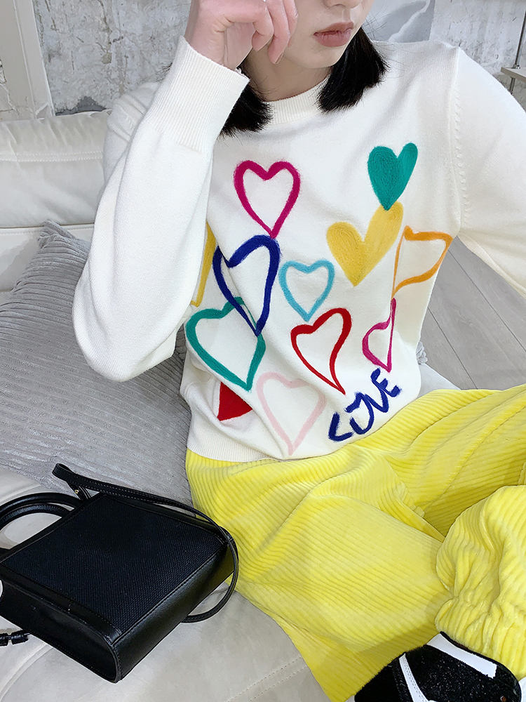 Women's Knits Tees Spring Women Lovely Sweater O-Neck Colorful Candy Color Heart Embroidery Knitwear Slim All-Match Pullover Femme C-195 220914