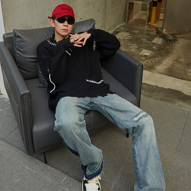 Men s Sweaters Oversized Irregular Ripped Men Distressed Style Couple Knitted Jumper Autumn Harajuku Vintage Black Unisex Tops 220913