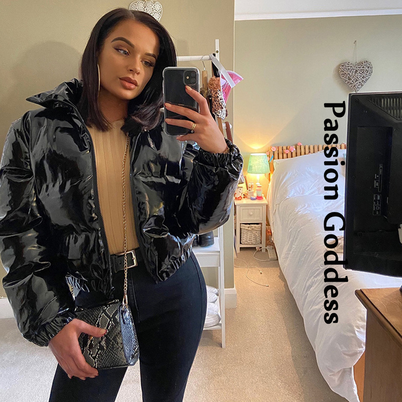 Womens Down Parkas Fashion Cute Women Bright PU Pink Puffer Jacket Winter Warm Bubble Coats Shiny Leather Parkas Down Zipper Cropped Jackets Parkas 22