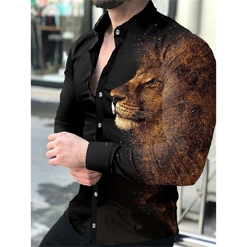 Men's Casual Shirts Fashion Social Men Turndown Collar Buttoned Shirt Lion Print Long Sleeve Tops Clothing Prom Cardigan 220913