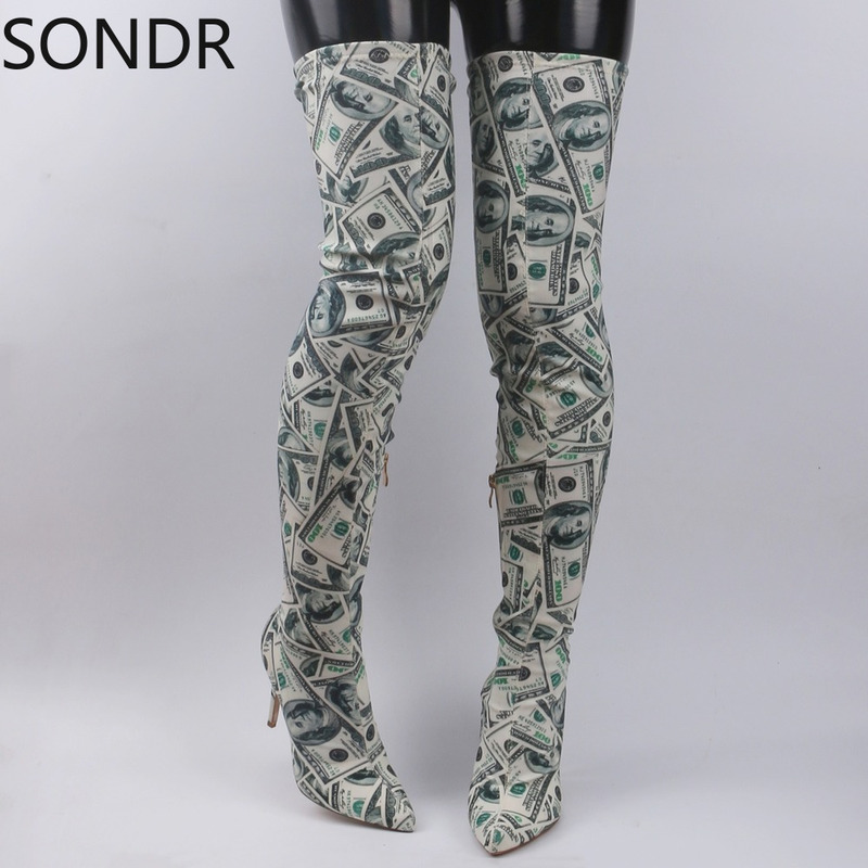 Boots Hundret Dollar Money Print Women Pointed Toe Thigh High Stiletto 220913