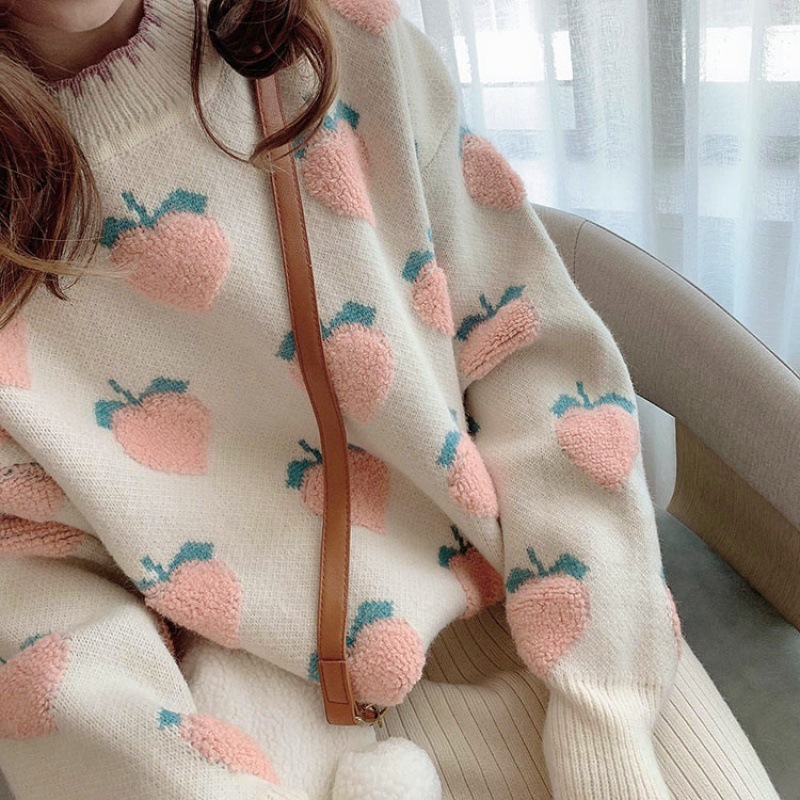 Women's Knits Tees Winter Knitted Sweater Women Strawberry Embroidery Oversized Pullovers Harajuku Casual O-Neck Loose Knitwear Jumper Sueter Muj