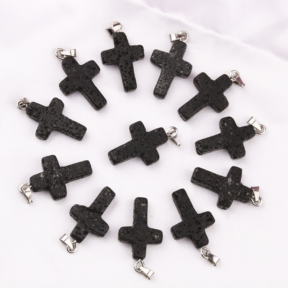natural Black Lava Stone cross Necklace Aromatherapy Essential Oil Perfume Diffuser Pendant PU Chain Necklace Women men Jewelry