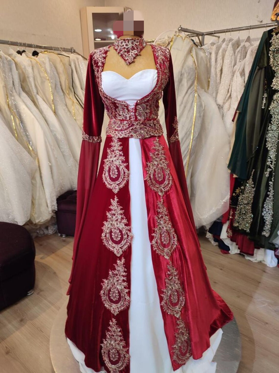 Elegant Arabic Turkish Kaftan Evening Dresses Gold Lace Velvet Beaded Bindalli Ethnic Folk Long Sleeves Formal Party Gowns A Line Burgundy And White P