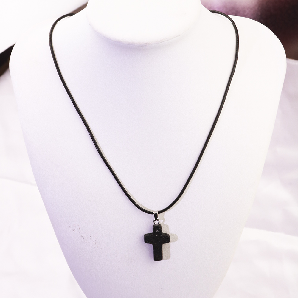 natural Black Lava Stone cross Necklace Aromatherapy Essential Oil Perfume Diffuser Pendant PU Chain Necklace Women men Jewelry