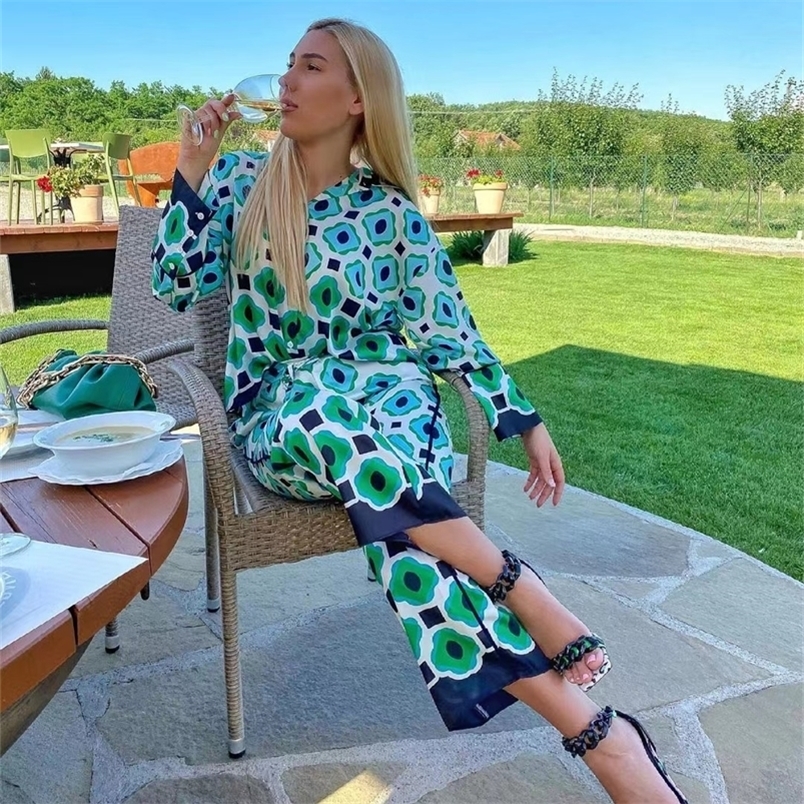 Women's Two Piece Pants xikom Summer Women Vintage Two-Piece Set Bohemia Print Loose Lapel Shirt Elastic High Waist Casual Trousers Pants Set 220